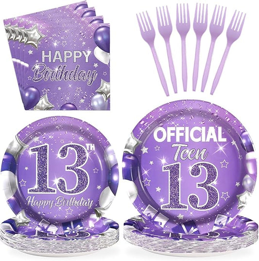 96Pcs 13th Birthday Decorations for Girls Purple Silver Official Teen 13th Plates and Napkins Sets Lavender Glitter 13 Year Old Party Decorations for Kids Official Teenager Birthday Favors Serve 24