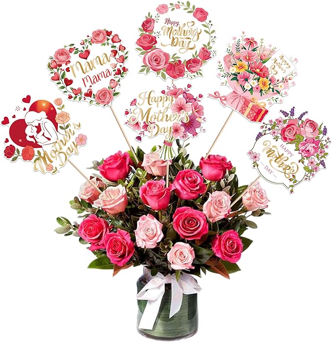 18 PCS Happy Mother's Day Centerpiece Sticks Double Sided I Love Mom Table Centerpieces Rose Flower Best Mother Floral Decorations for Happy Mother's Day Theme Mama Birthday Party Centerpieces