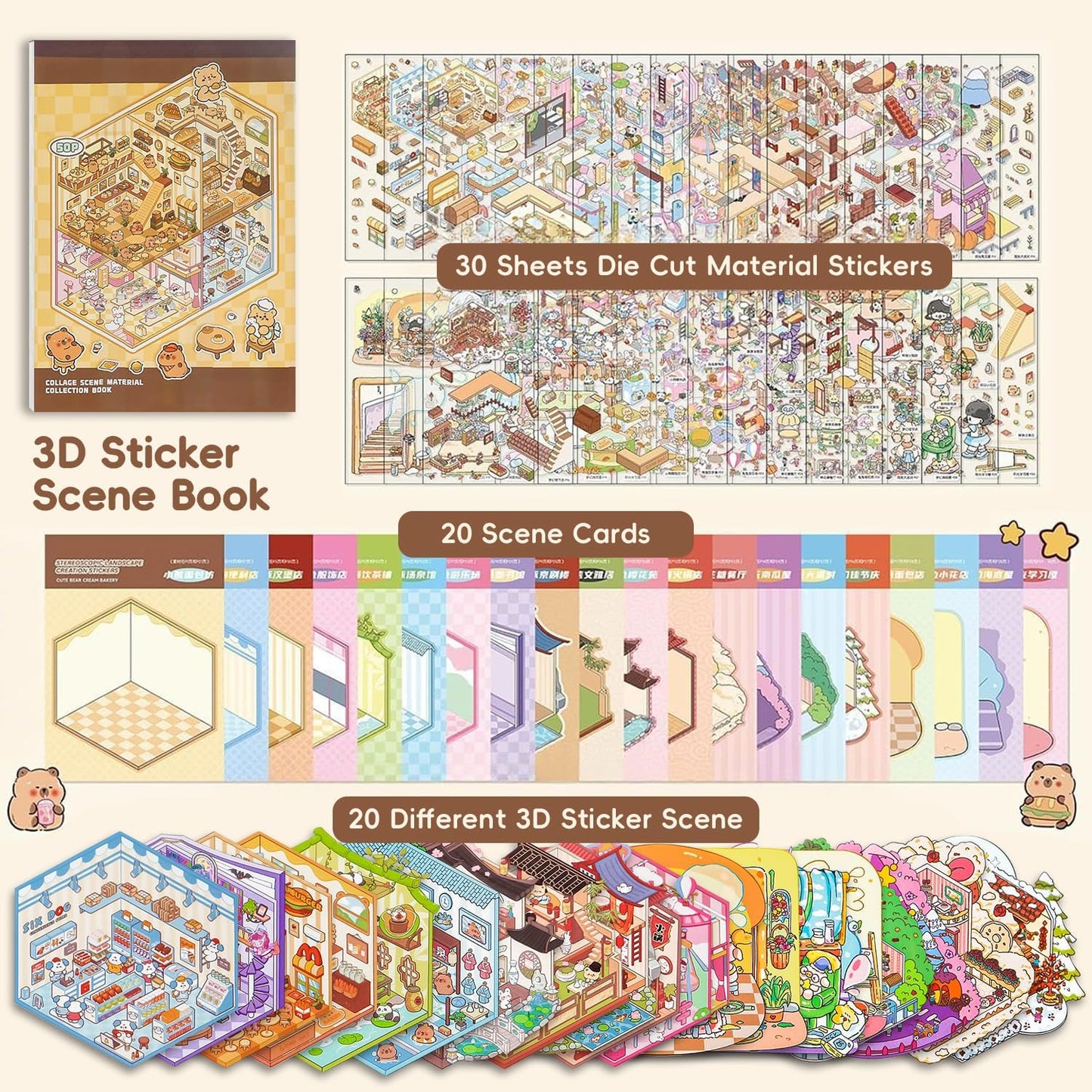 20 Sets DIY 3D Sticker Scene, Sticker Therapy Scenes Collection Book for Adults Kids Stress Relief Pass The Time, Relief Stress Pass The Time Play Park Hamburg Castle Library