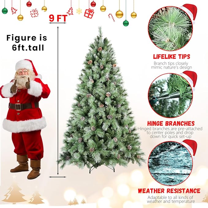 9FT Frosted Christmas Tree with 122 Pine Cone & Pine Needles, Premium Unlit Artificial Christmas Tree with 2518 Branch Tips, Realistic Hinged Xmas Trees with Metal Stand for Holiday Decoration