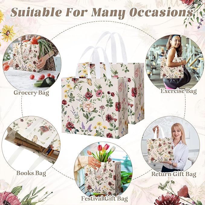 Abbylike 30 Pack Pink Wildflower Theme Reusable Gift Bag Bulk Large Floral Print Shopping Bag Vintage Tote Non Woven Tote for Wedding Birthday Baby Shower Holiday Travel, 12.2 x 11.02 x 4.72 Inches