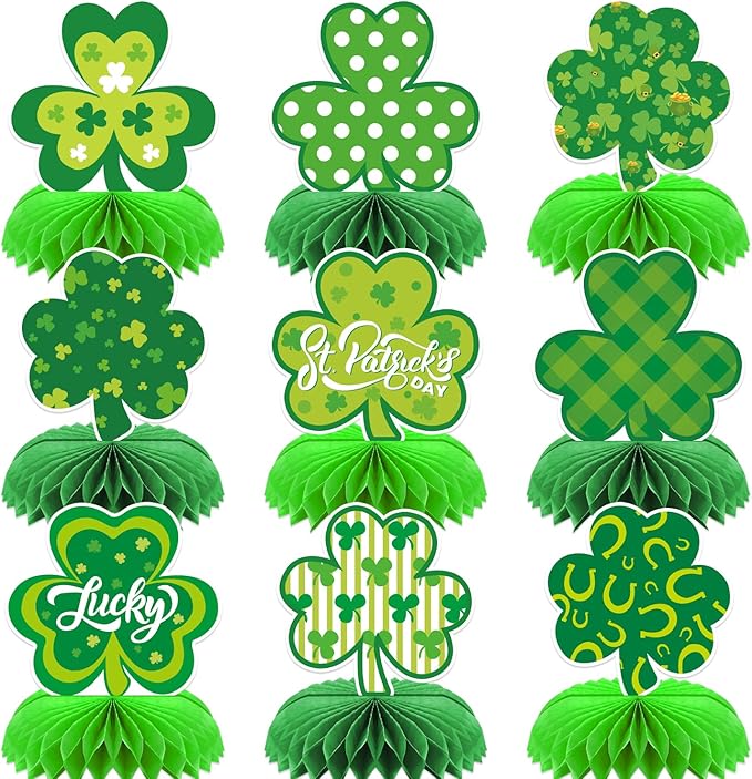 St Patricks Day Table Decorations, 9 Pcs St Patricks Day Centerpieces, Irish Green Honeycomb Centerpieces for Table, 3D Shamrock Table Decor for St. Patrick's Day Party Favor Supplies