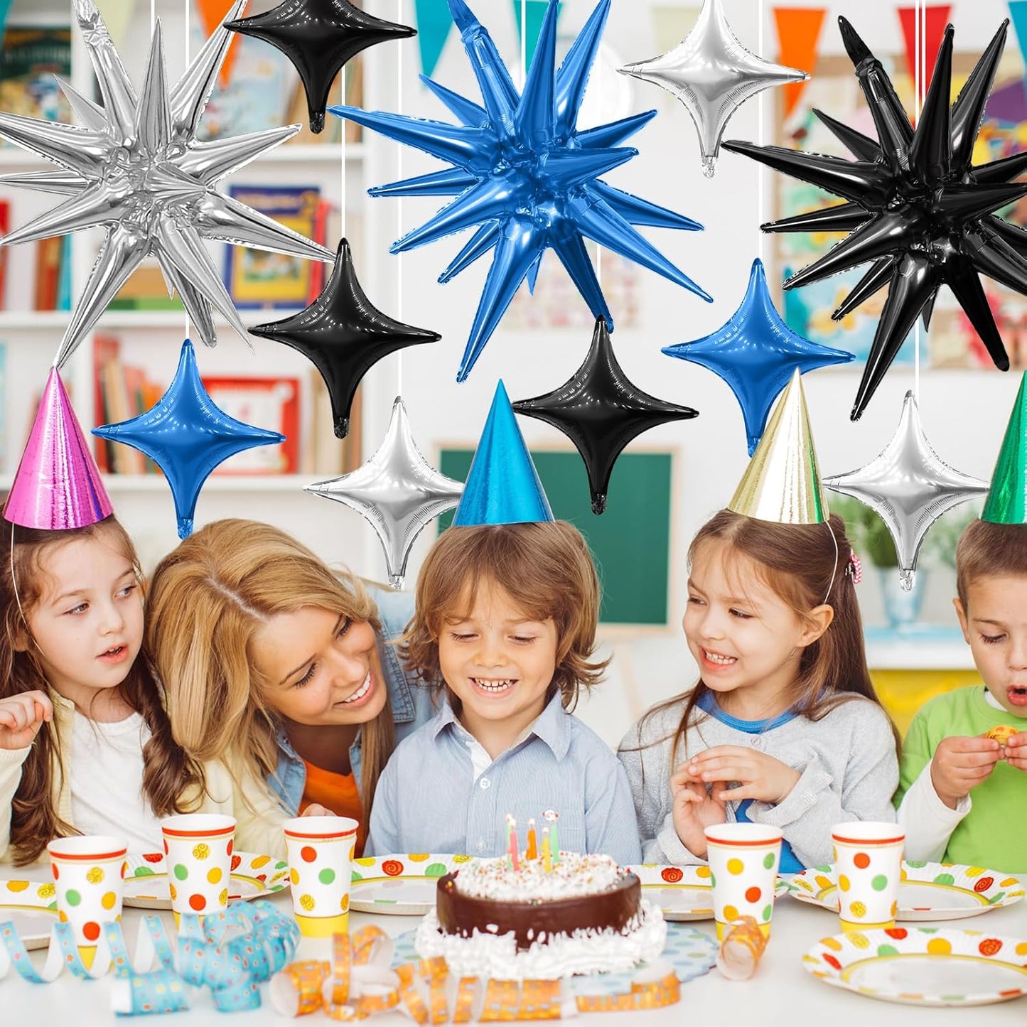 Black Blue Silver Star Balloons,Explosion Star Balloons Kit with 6Pcs 22Inch Cone Star Foil Balloons and 10Pcs 10Inch Four Pointed Star Balloons for Birthday Anniversary Disco Party Decorations
