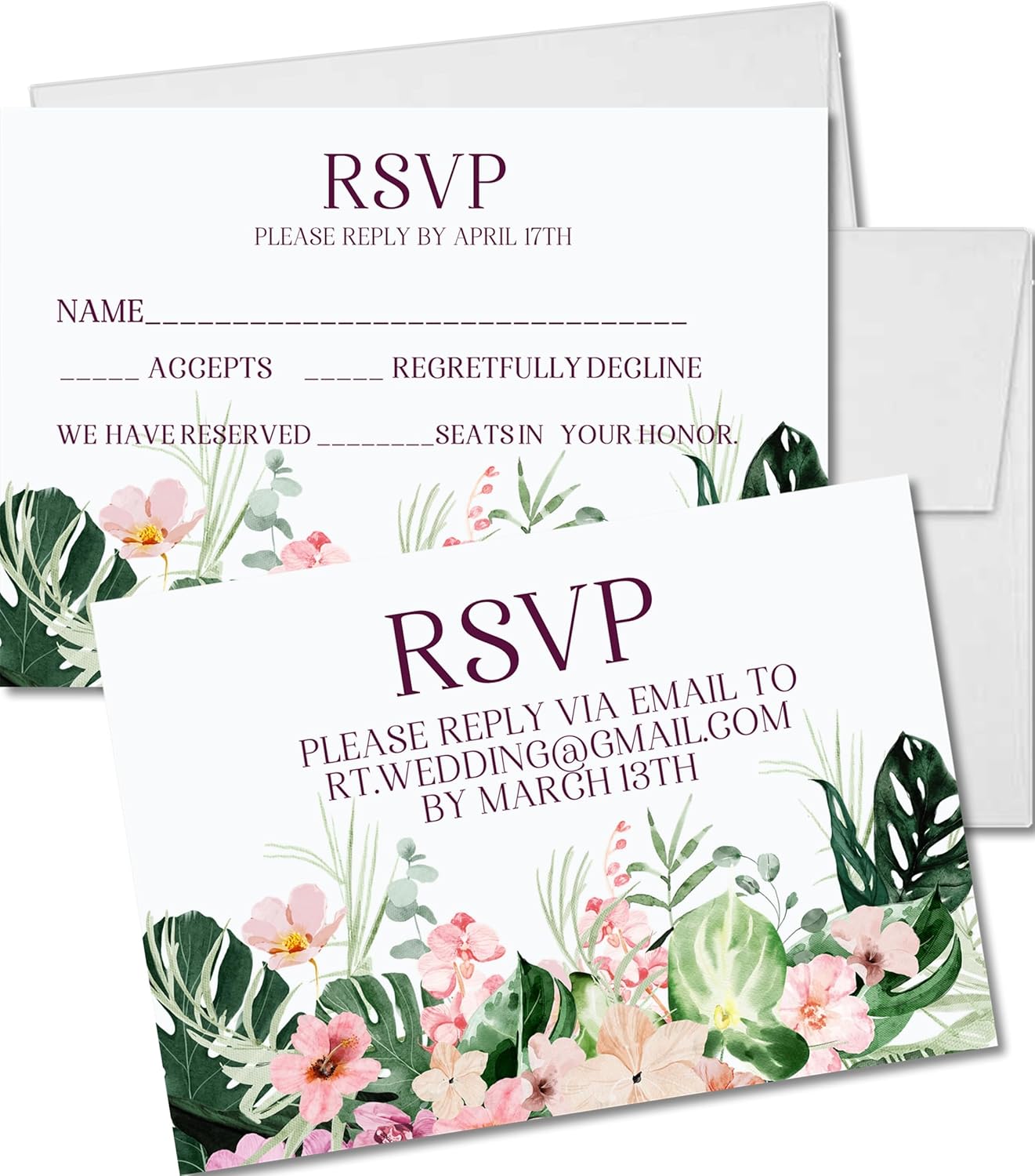 Purple & Green Orchid Wedding Invitations, Tropical Destination, Personalized, Set of 12 Invitations with Envelopes