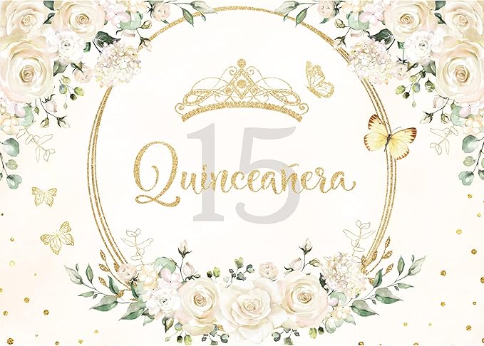 Homewelle Quinceañera Backdrop 7Wx5H Feet Polyester Fabric Mis Quince 15 Anos Birthday Party Decorations Supplies for Girl Princess White Floral Gold Crown Butterfly Photography Background Props