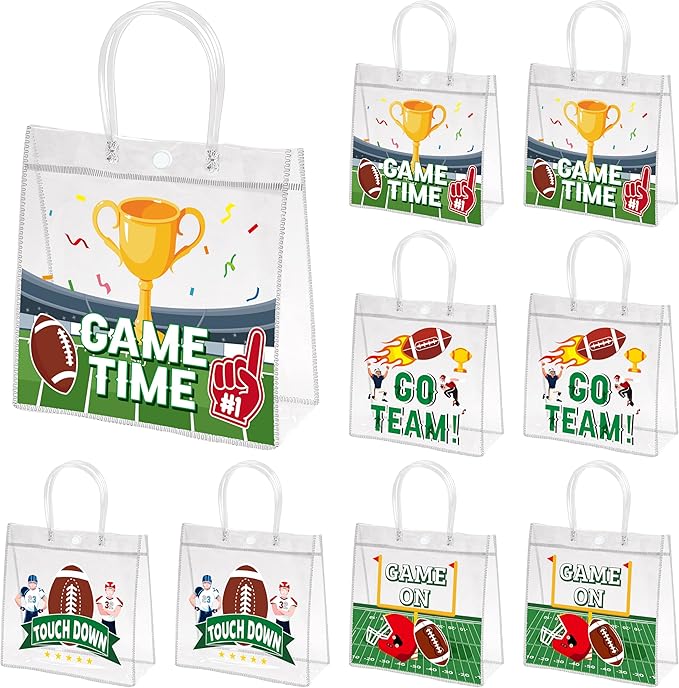 H1vojoxo Football Party Gift Bags - 24PCS Football Clear PVC Gift Bags with Handle Reusable Rugby Sports Goodie Bag for Boys Birthday Rugby Tote Bag for Snack Large Candy Treat Ball Themed Party Favor