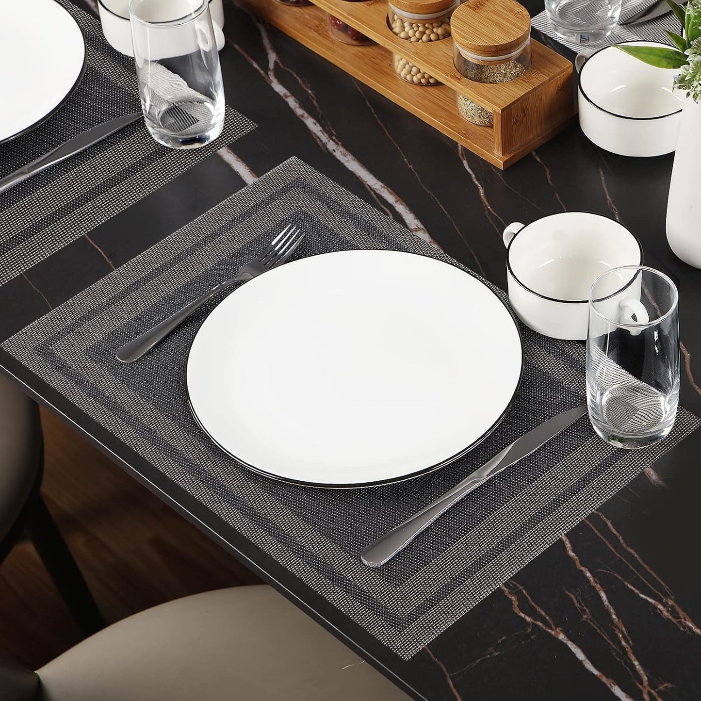 Placemats Set of 6,Washable,Heat and Stain Resistant Indoor/Outdoor Place mats,Vinyl Woven Non Slip Table Mats for Restaurant Table Protection,PVC Placemats(Black Gold,6PCS)