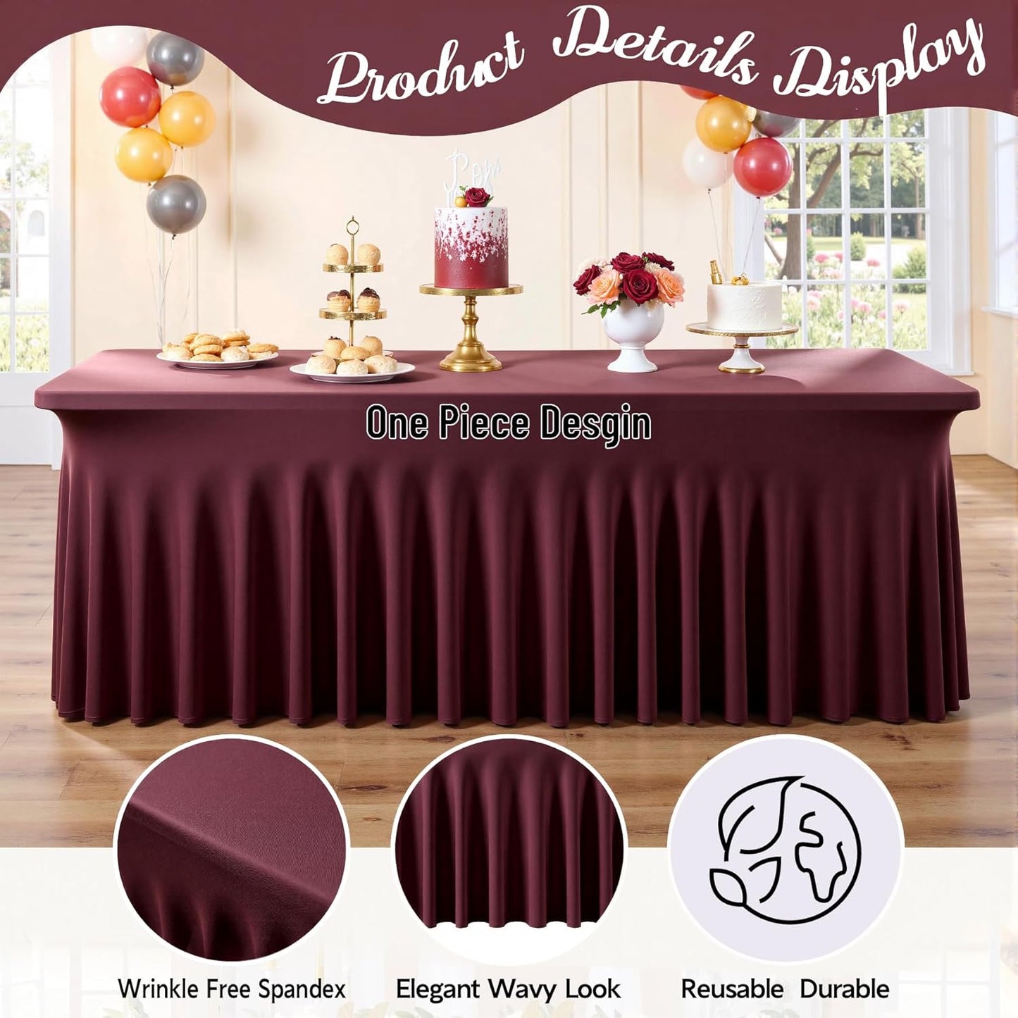 leegleri 4 Pack Burgundy Spandex Table Clothes for 6 Foot Rectangle Tables, Wrinkle Free Fitted Table Cover 6ft Stretch Tablecloths with Skirt for Parties Weddings Birthday Banquet Baby Shower