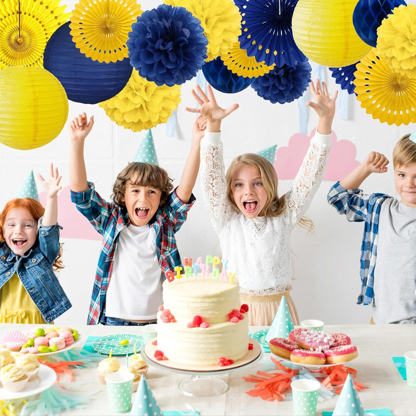 Blue and Yellow Party Decorations Blue and Yellow Paper Fans Paper Lanterns Pom Poms Flowers for Baby Shower Birthday Wedding Engagement Party
