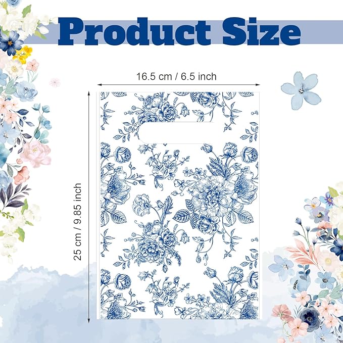 Supervitae 100 Pcs Plastic Blue Floral Gift Bags Flower Party Favor Bags Bulk with Handles for Birthdays Weddings Bridal Baby Showers Snacks Goodie Candy Treat Tea Party Supplies