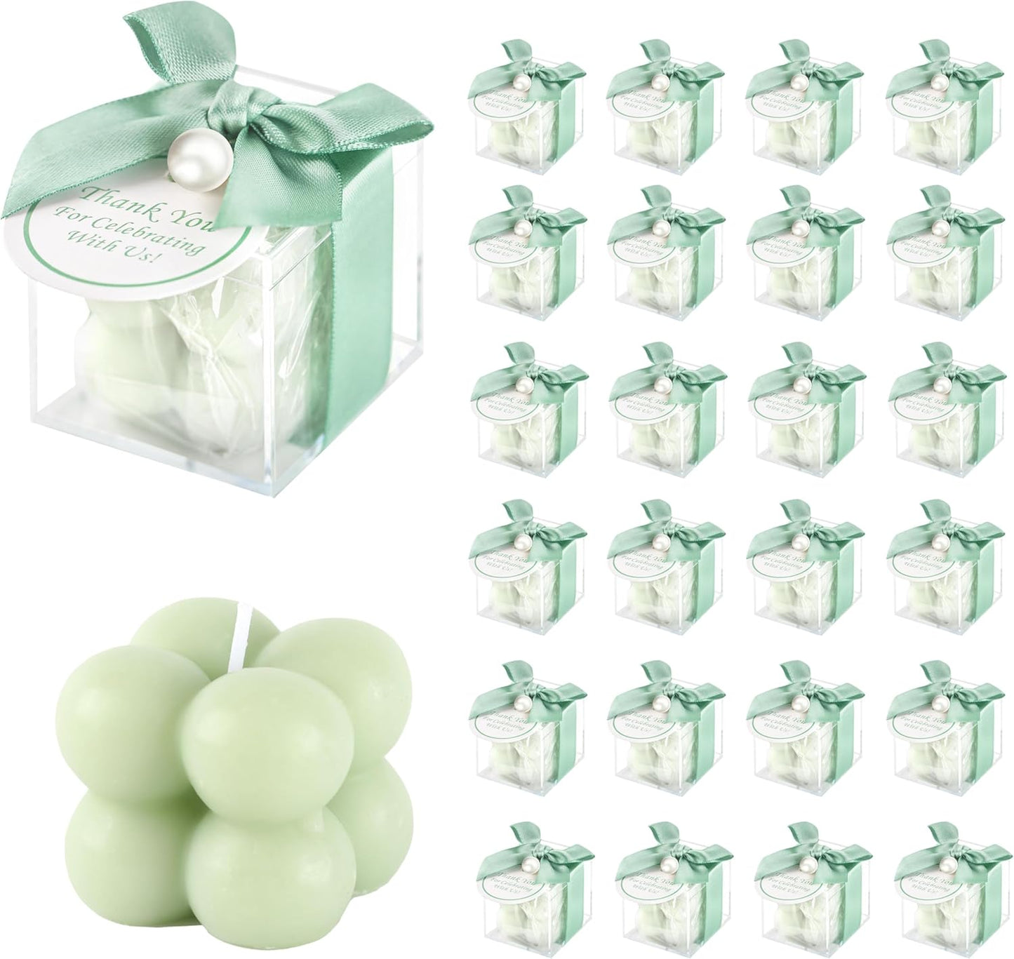 ACITHGL 30 Sets Fully Assembled Small Bubble Candle Party Favors for Guests Bulk Bridal Showers Favors Candles with Stylish Ribbons Thank You Cards Gifts (Green)