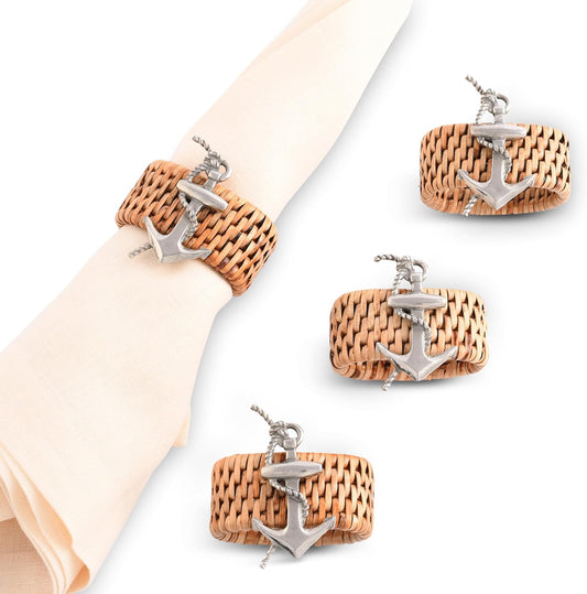 Vagabond House Pewter Anchor Oval Rattan Napkin Rings, Woven Wicker, Natural Eco-Friendly Coastal Decor, Set of 4 for Beach House, Rattan Decor, House Naturals
