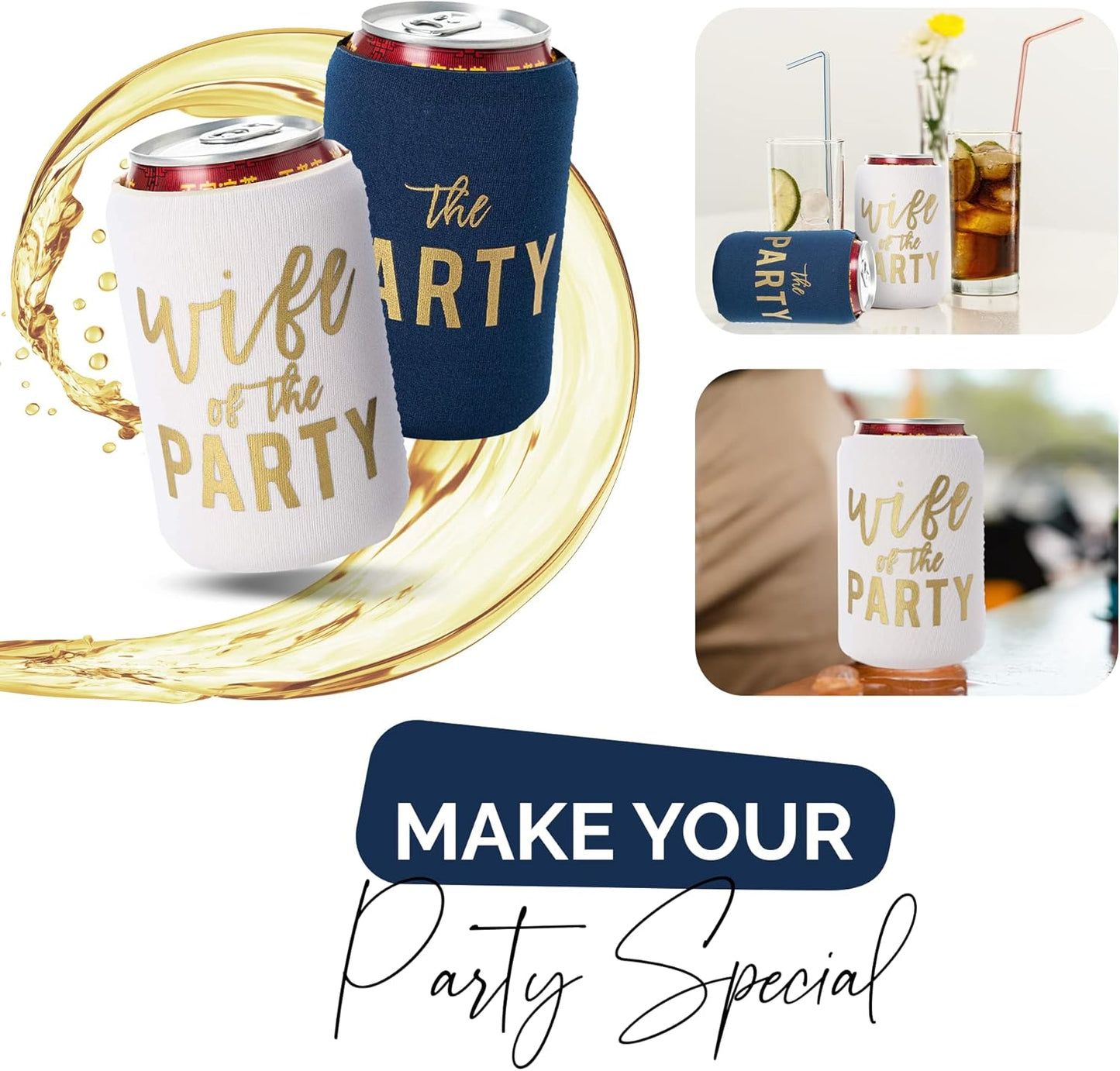 Wife of the Party and The Party Bachelorette Can Coolers - Set of 12, Perfect for Decorations and Bridesmaid Gifts (Navy, Regular)