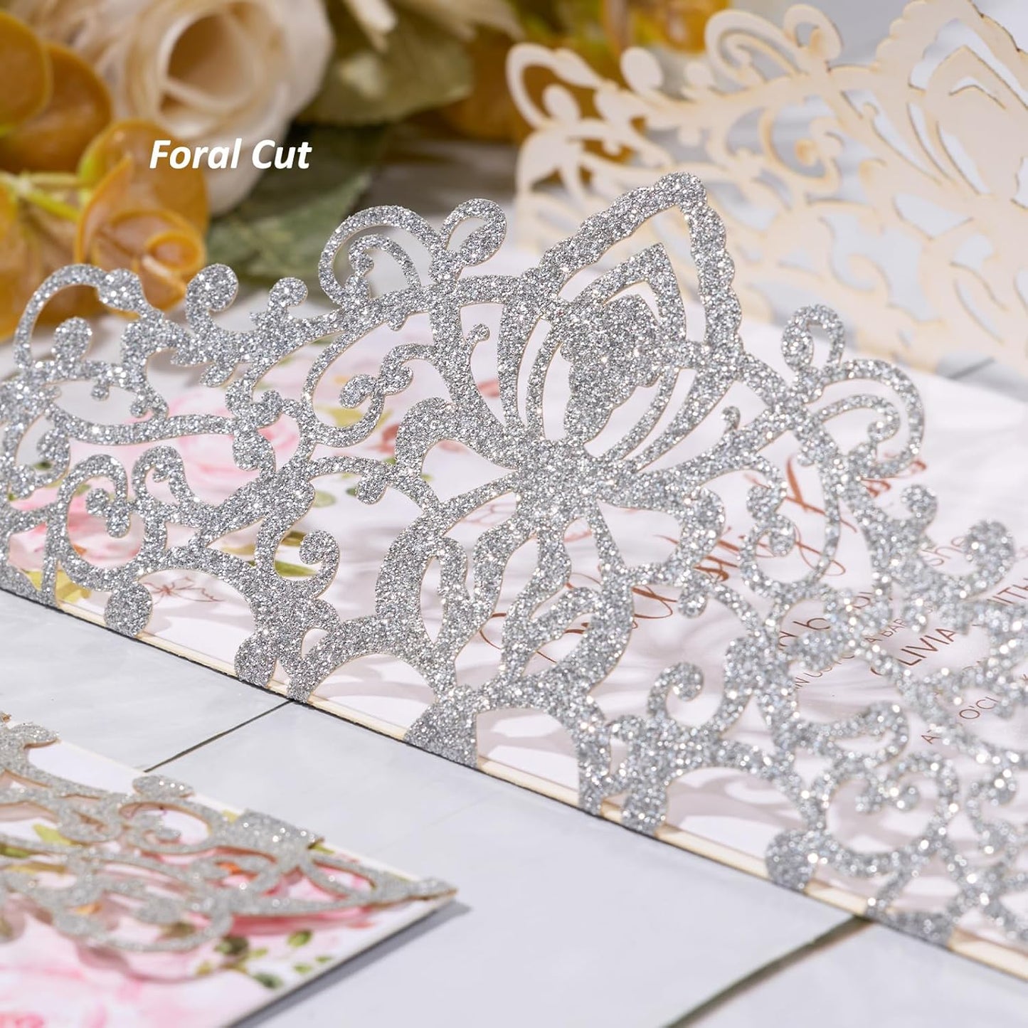 50Pcs Glitter Floral Laser Cut Wedding Invitation Cards with Envelope Blank Inner Sheet and Ribbon for Wedding Engagement Bridal Shower Party Invite(7.09 X 4.92inch, Silvery)