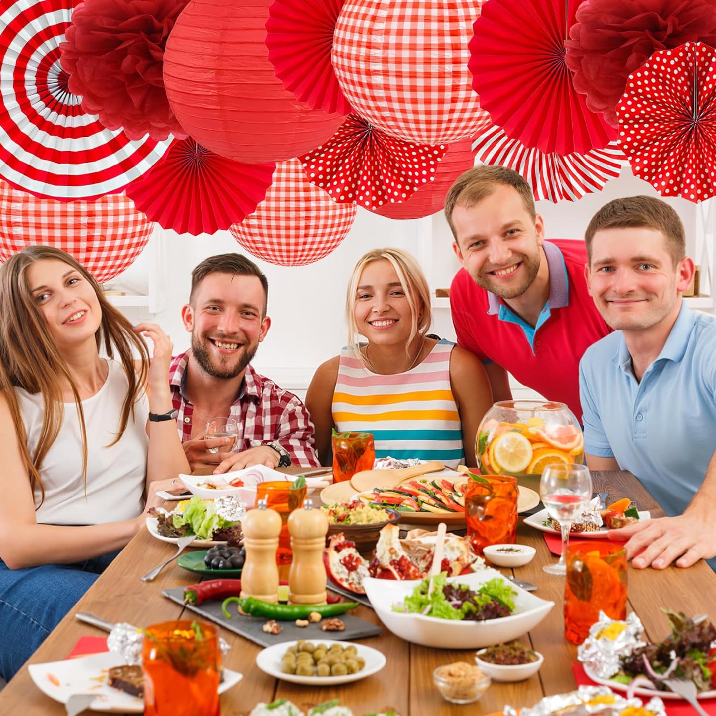 Red Party Decorations Red Paper Fans Paper Lanterns Pom Poms Flowers for Baby Shower Birthday Wedding Engagement Party