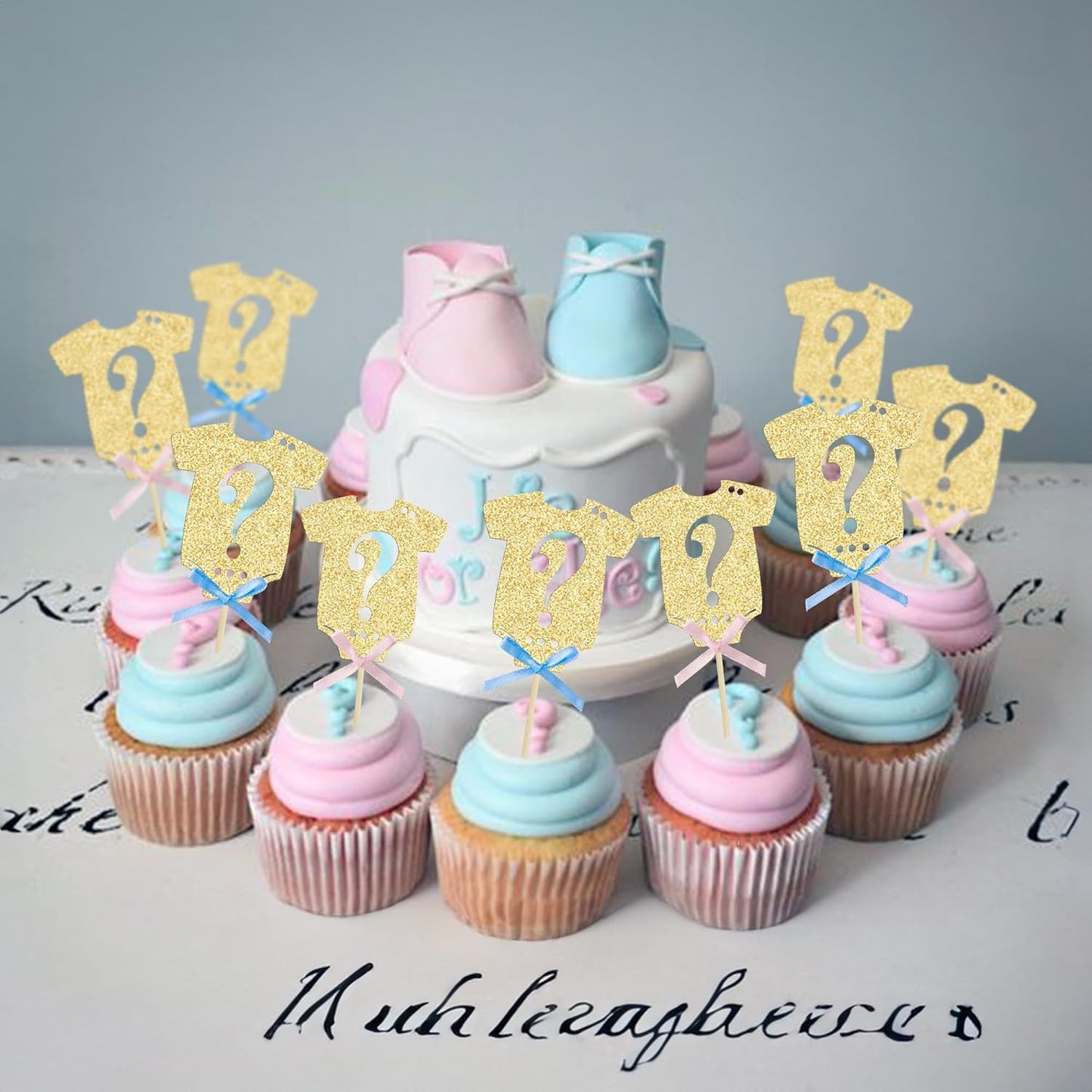 Ephlyn 24Pcs Gender Reveal Cupcake Toppers Glitter Pink Blue Bow Onesie Question Mark Boy or Girl Cake Topper Decorations for Baby Shower Theme Gender Reveal Kids Birthday Party Supplies Gold