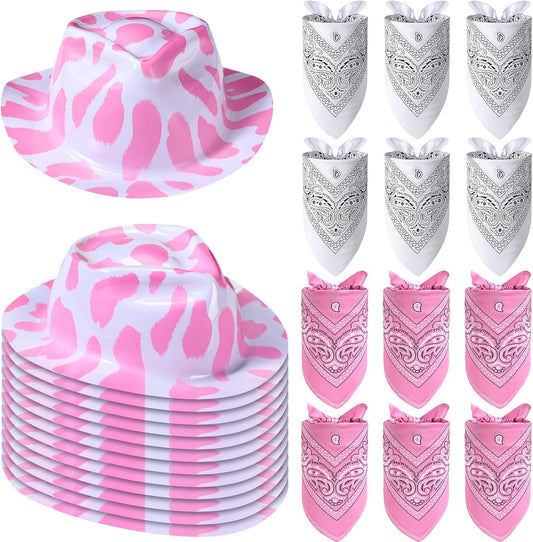 Haysandy 24 Pcs Cow Print Cowgirl Cowboy Hats Bulk with Bandana Felt Cow Party Hats for Women Men Western Costume Party(Pink)