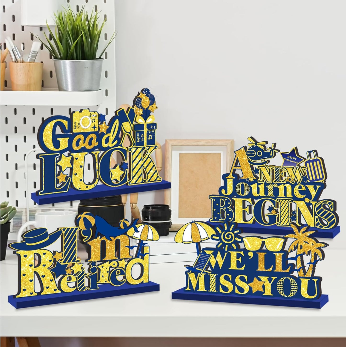 4Pcs Retirement Party Decorations Wooden Table Sign, Blue Gold Retirement Wooden Table Centerpieces Party Supplies, Retired Theme Farewell Sign, Retirements Gift We'll Miss You Decor (blue)