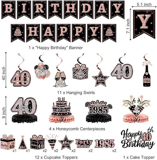 40th Birthday Decorations for Women – 59pcs Back in 1985 Party Supplies Backdrop, Banner, Honeycomb Centerpieces, Hanging Swirls, Foil & Latex Balloon, Cake & Cupcake Toppers, Sash, Pom Poms, Crown