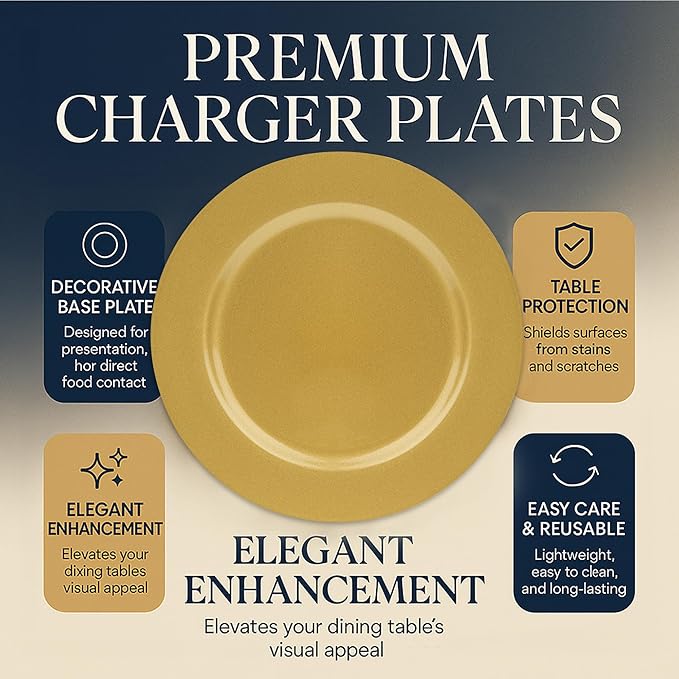 JEVERGN 24 Pack Gold Charger Plates, 13" Chargers for Dinner Plates, Gold Plate Chargers Set of 24, Round Plastic Charger for Wedding, Party Event, Dinner, Table Setting