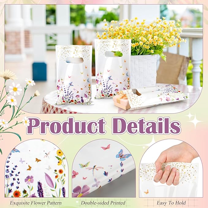 Frienda 100 Pcs Spring Gift Bags with Handles, Wildflower Plastic Treat Bags Spring Party Favor Bag for Candy, Cookies, Snacks and Small Gifts, Floral Goodie Bag for Baby Shower, Wedding