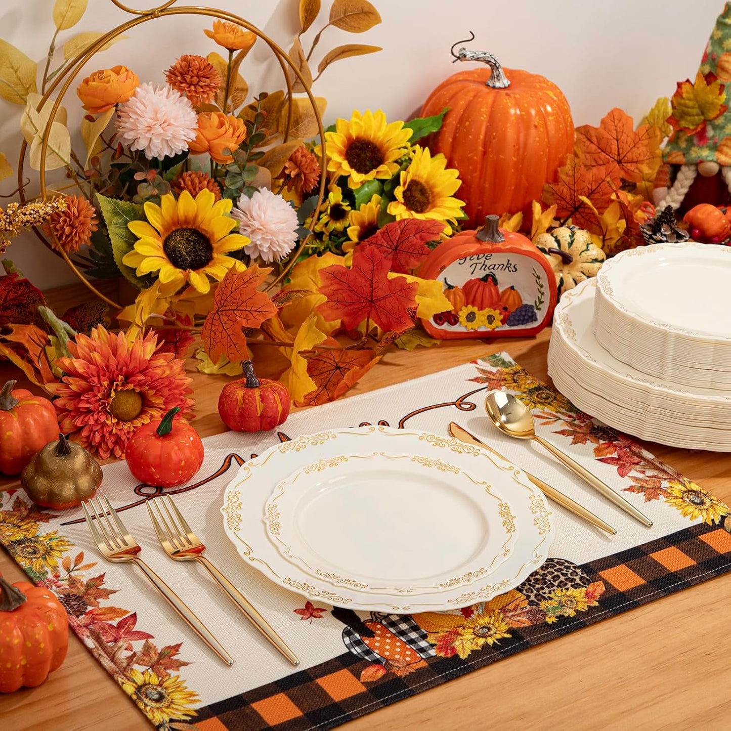 U-QE 100 PCS Ivory Thanksgiving Plastic Plates with Gold Rim - Gold Plastic Plates for Thanksgiving - Heavy Duty Disposable Use Including 50 10 '' & 50 7.5 ''