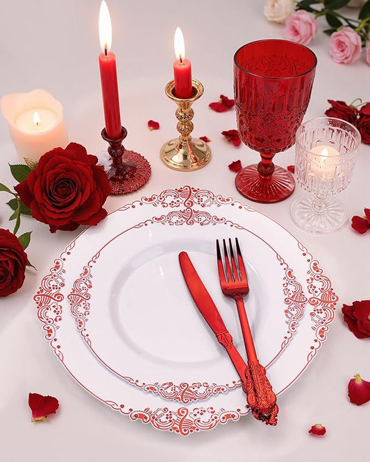 Nervure 175PCS Red Plastic Plates - White Red Plastic Dinnerware Sets for 25 Guests - 50 Red Disposable Plates, 25 Pre Rolled Cutlery Set, 25 Cups Perfect for Wedding, Party