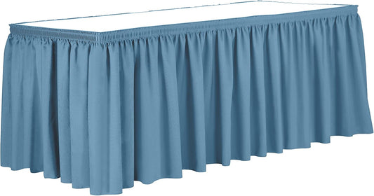Ultimate Textile Pleat Polyester Fabric Table Skirt - Machine Washable, Flame Resistant, Cut & Sewn in NJ, Desk Skirt - Light Blue, 17' Shirred Pleat x 42" h