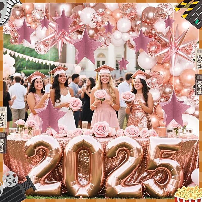70 Pcs Star Centerpieces Rose Gold Birthday Party Decorations for Women Girls 3D Pink Party Princess Decoration Para Cumpleaños De Mujer Rose Gold Stars Table Decor for Wedding Bridal Shower