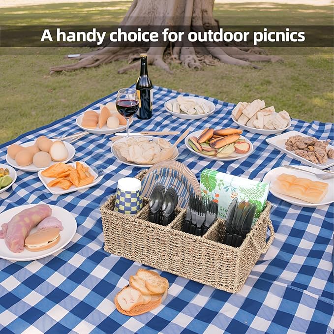 Wicker Party Silverware Caddy, Handwoven Seagrass Cutlery Utensil Holder with Handles, Kitchen Countertop and Picnic Flatware Organizer