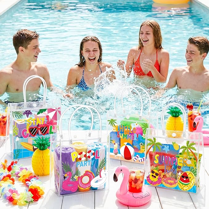 H1vojoxo Hello Summer Gift Bags - 24PCS Summer Pool Party Favor Clear Gift Bags with Handles 7.9x3.2x7.9 Inch Pool Clear PVC Gift Bag 4 Styles Waterproof and Reusable Beach Goodie Treat Party Tote Bag