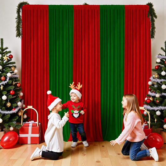 Christmas Backdrop Curtain - 10×7ft Red & Green Holiday Party Background Decor for Xmas Tree Photos, Home Festive Wall, Mall Santa Booth, Reusable Winter Celebration Decoration for Families