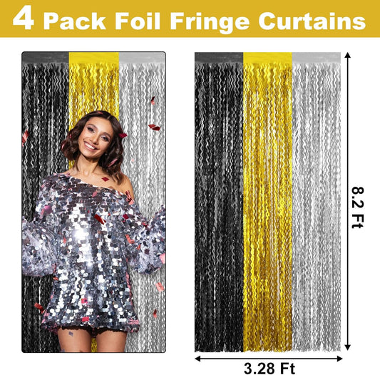 4 Pack Black Gold Silver Fringe Curtain Backdrop 3.2Ft x 8.2Ft Metallic Tinsel Foil Fringe Streamers Background for Photo Booth Mother's Day, Easter, Carnival, Birthday, Wedding Party Decoration