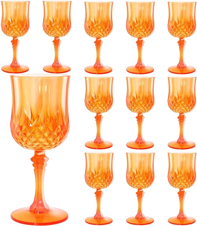 Plastic Wine Glasses, Plastic Goblets Vintage Style Cordial Unbreakable Drinking Glasses, Reusable Drinkware for Wedding Reception, Grand Event Party Supplies, Easter (12, Pumpkin orange)