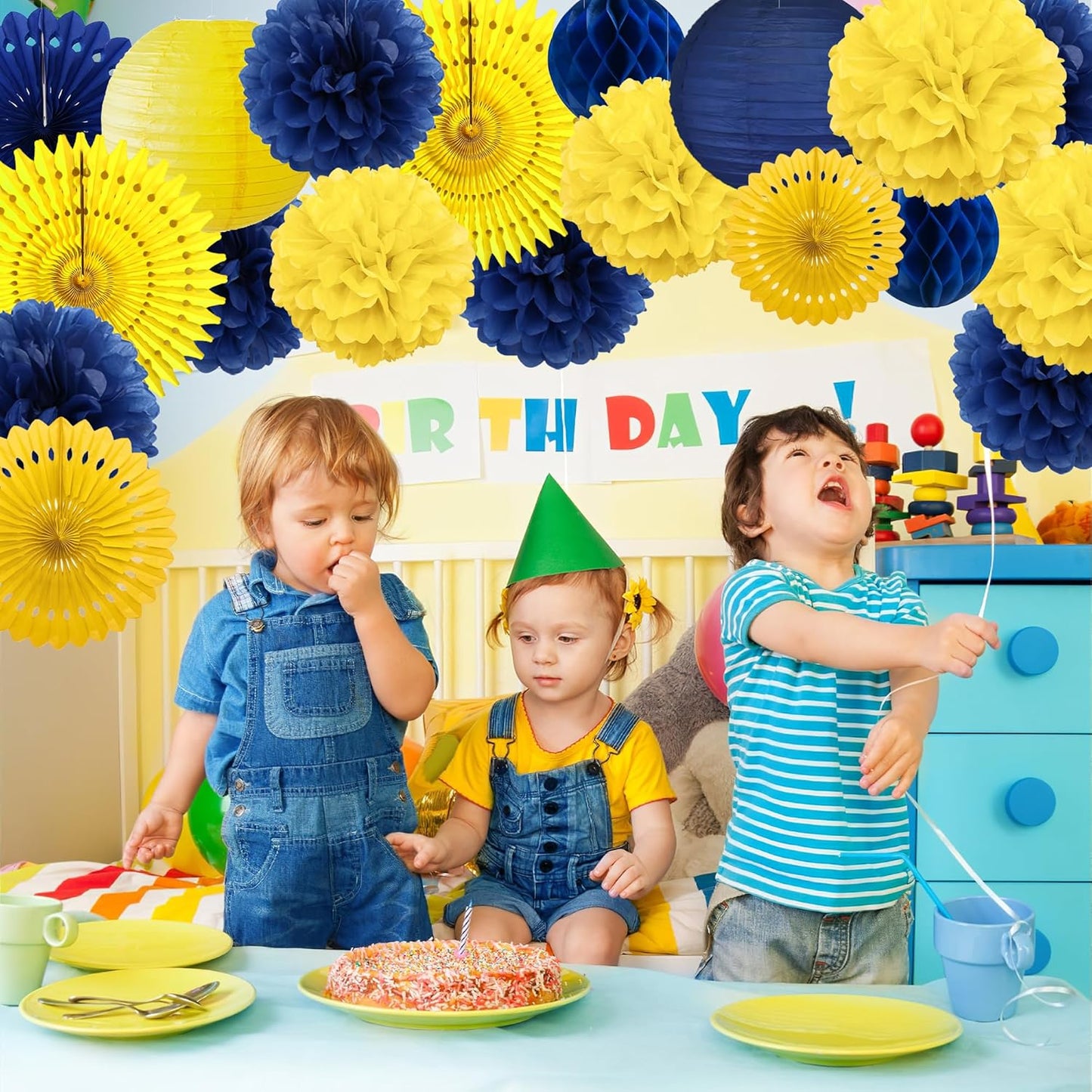 Blue and Yellow Party Decorations Blue and Yellow Paper Fans Paper Lanterns Pom Poms Flowers for Baby Shower Birthday Wedding Engagement Party