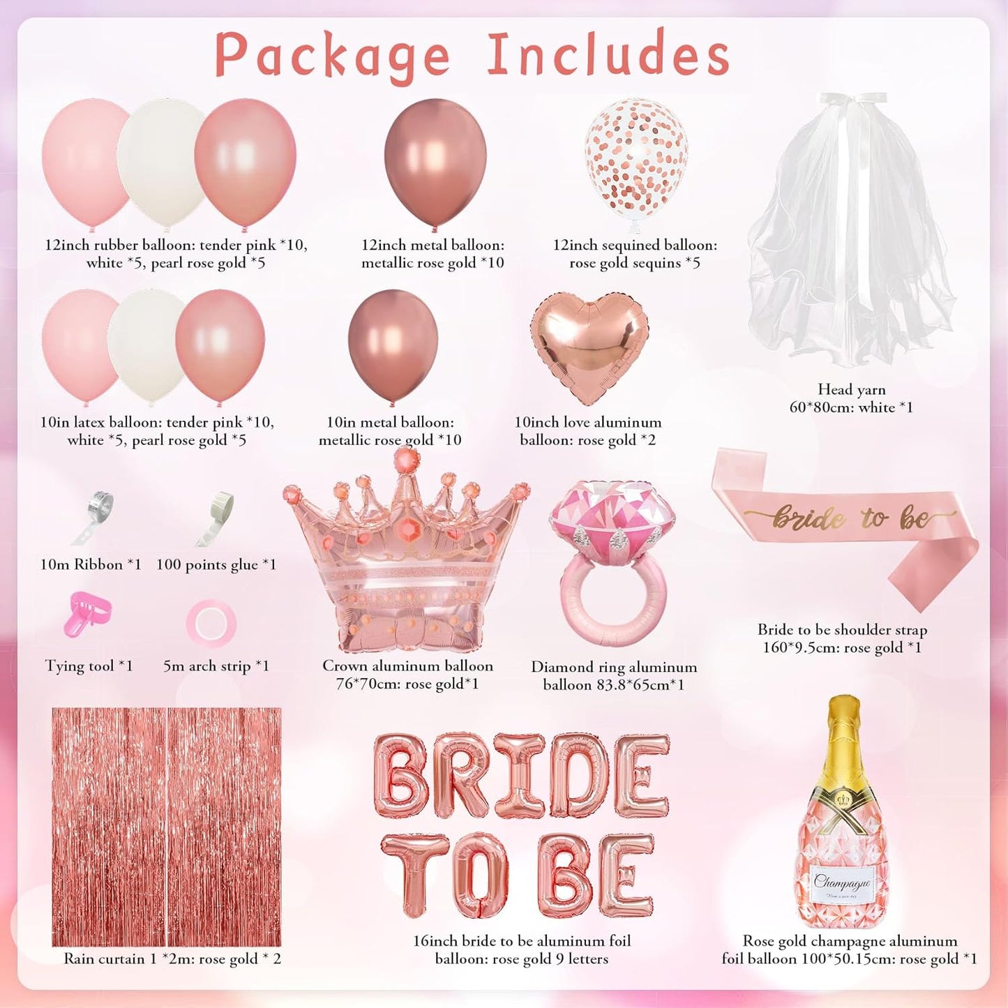 Ouddy Life Rose Gold Bachelorette Party Decorations, Bride to Be Bridal Shower Decoration with Crown Champagnes Diamond Ring Heart Foil Balloons, Veil Sash, Fringe Curtains Engagement Wedding Supply