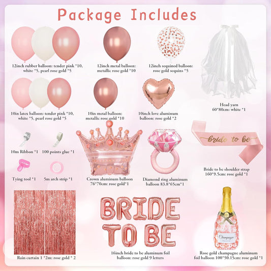 Ouddy Life Rose Gold Bachelorette Party Decorations, Bride to Be Bridal Shower Decoration with Crown Champagnes Diamond Ring Heart Foil Balloons, Veil Sash, Fringe Curtains Engagement Wedding Supply