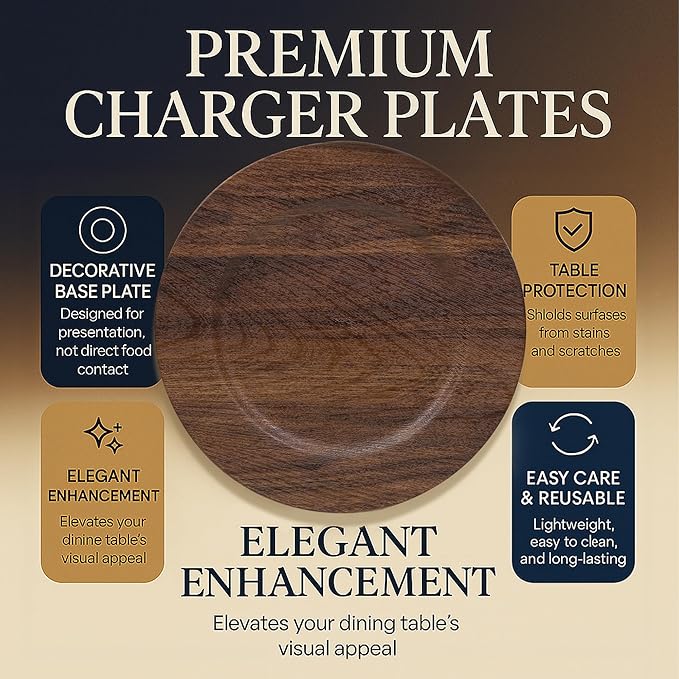JEVERGN 10 Pack Farmhouse Charger Plates, 13'' Faux Wood Chargers for Dinner Plates, Brown Plate Chargers Set of 10, Round Plastic Charger for Wedding, Party Event, Dinner, Table Setting