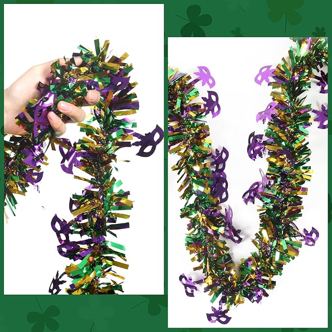 50 Feet Mardi Gras Tinsel Gold Green Purple Christmas Tree Tinsel Garland Metallic Twisted Hanging Garland for Mardi Gras Oktoberfest Birthday Party Decoration, B