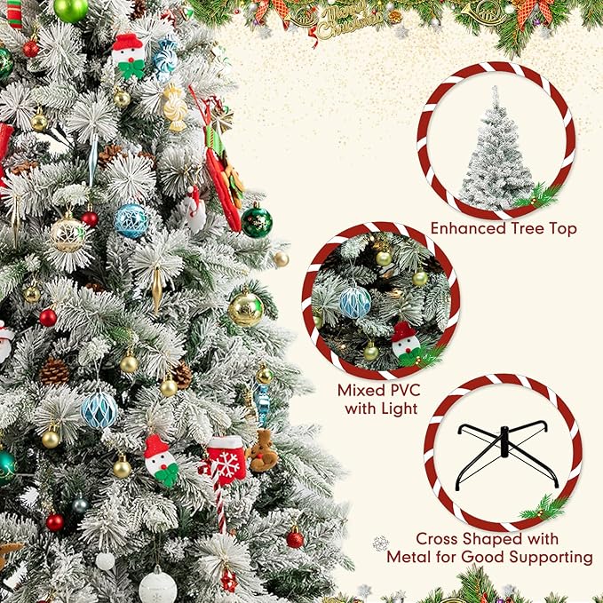 6Ft Prelit Christmas Tree,Snow Flocked Artificial Hinged Holiday Christmas Pine Tree,Xmas Tree w/400 LED Lights and 1200 Snow Flocked Branch Tips for Home,Office,Party Decoration