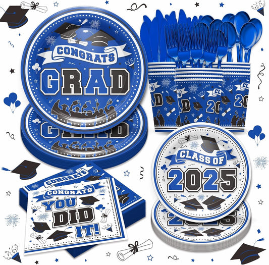 Graduation Decorations Class of 2025 - Graduation Party Supplies 2025: Blue Plates, Cups, Napkins, Cutlery for 24 Guests