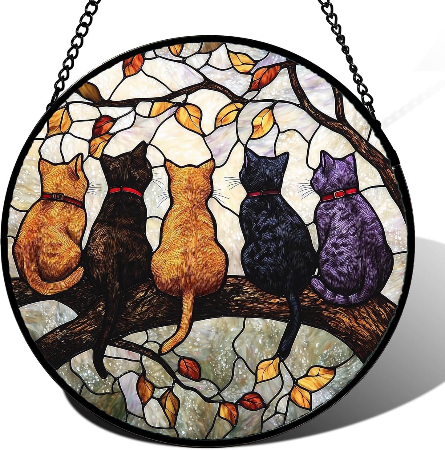 Stained Glass Window Hanging - 5 Cats on a Branch Suncatcher for Window Doors Home Decoration and Christmas, Mother's Day Father's Day Birthday Gifts for Women, Men, and Mom 14.9x14.9 in