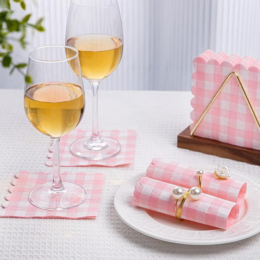 100 Pcs Pink Napkins Scalloped Plaid Cocktail Napkins Folded 5 x 5 Inches Disposable Napkins for Wedding Birthday Party