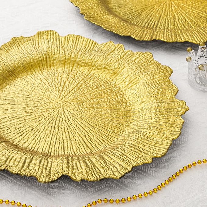 EI 6pcs Gold Charger Plates for Dinner,Gold Chargers Heavy Duty,Round Reef Table Charger Plastic Decorative Plate,Plastic Chargers with Reef Design For Wedding,Party,Afternoon Tea,Valentine's Day