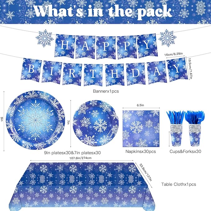 182PCS Winter Snowflake Frozen Birthday Party Supplies,Frozen Plates and Napkins Sets,for Christmas Winter Wonderland Party Supplies Table Decor, Serves 30