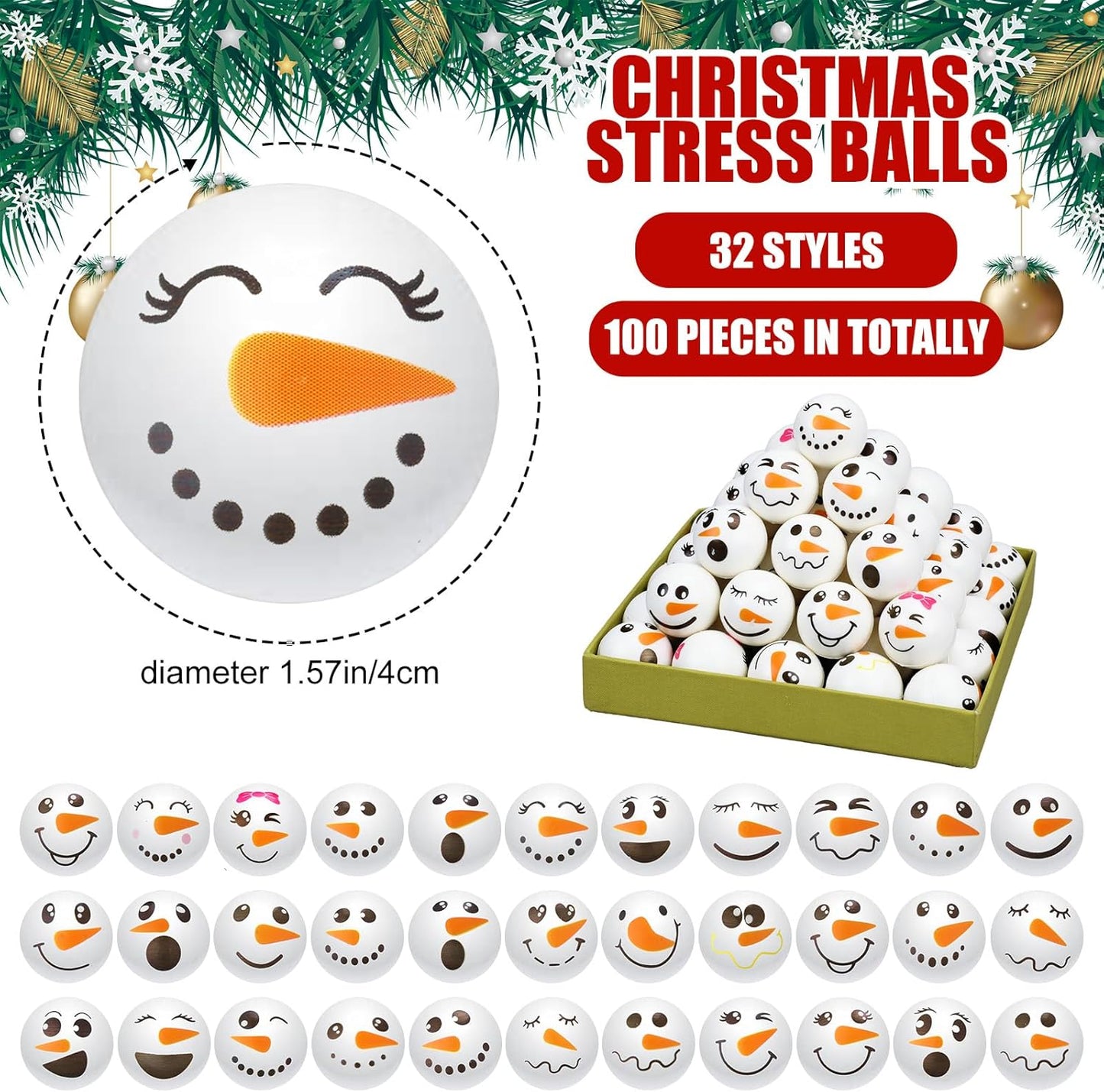 Leyndo 100 Pcs Christmas Stress Ball 1.57 Inch Foam Snowman Stress Relief Snowman Face Small Slow Rising Stress Ball Squeeze Ball for Xmas Party Favor Stocking Stuffer Filler, 32 Styles