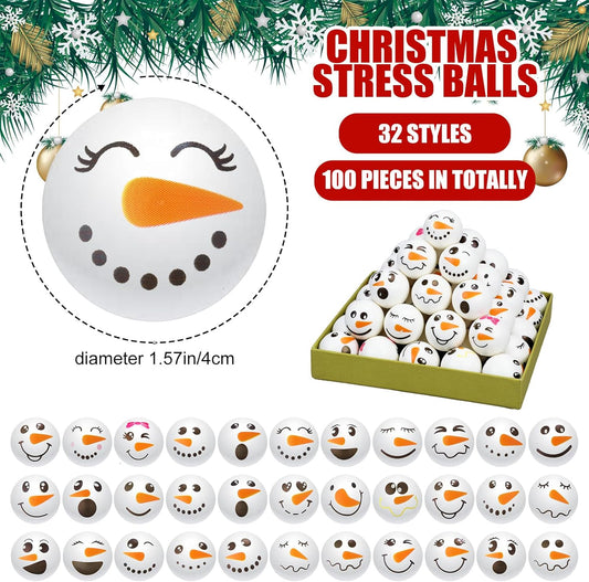Leyndo 100 Pcs Christmas Stress Ball 1.57 Inch Foam Snowman Stress Relief Snowman Face Small Slow Rising Stress Ball Squeeze Ball for Xmas Party Favor Stocking Stuffer Filler, 32 Styles