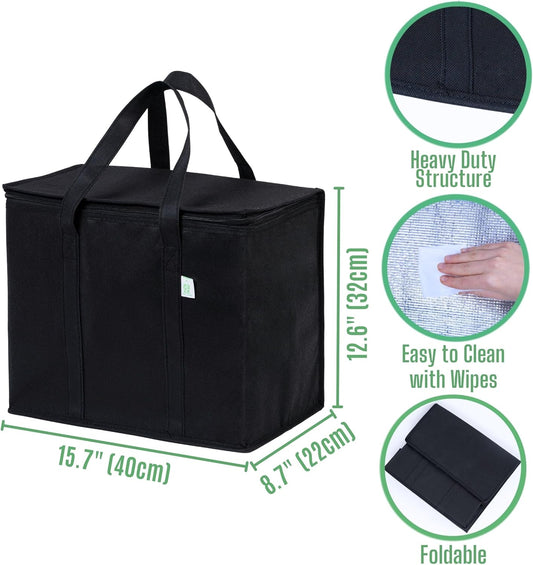 VENO 2 Pack Cooler Bags - Insulated for Food Delivery, Collapsible and Reusable Shopping Bags with Zipper, Foldable, Heavy-Duty, Stands Upright - Ideal for Groceries (Black, 2 Pack)