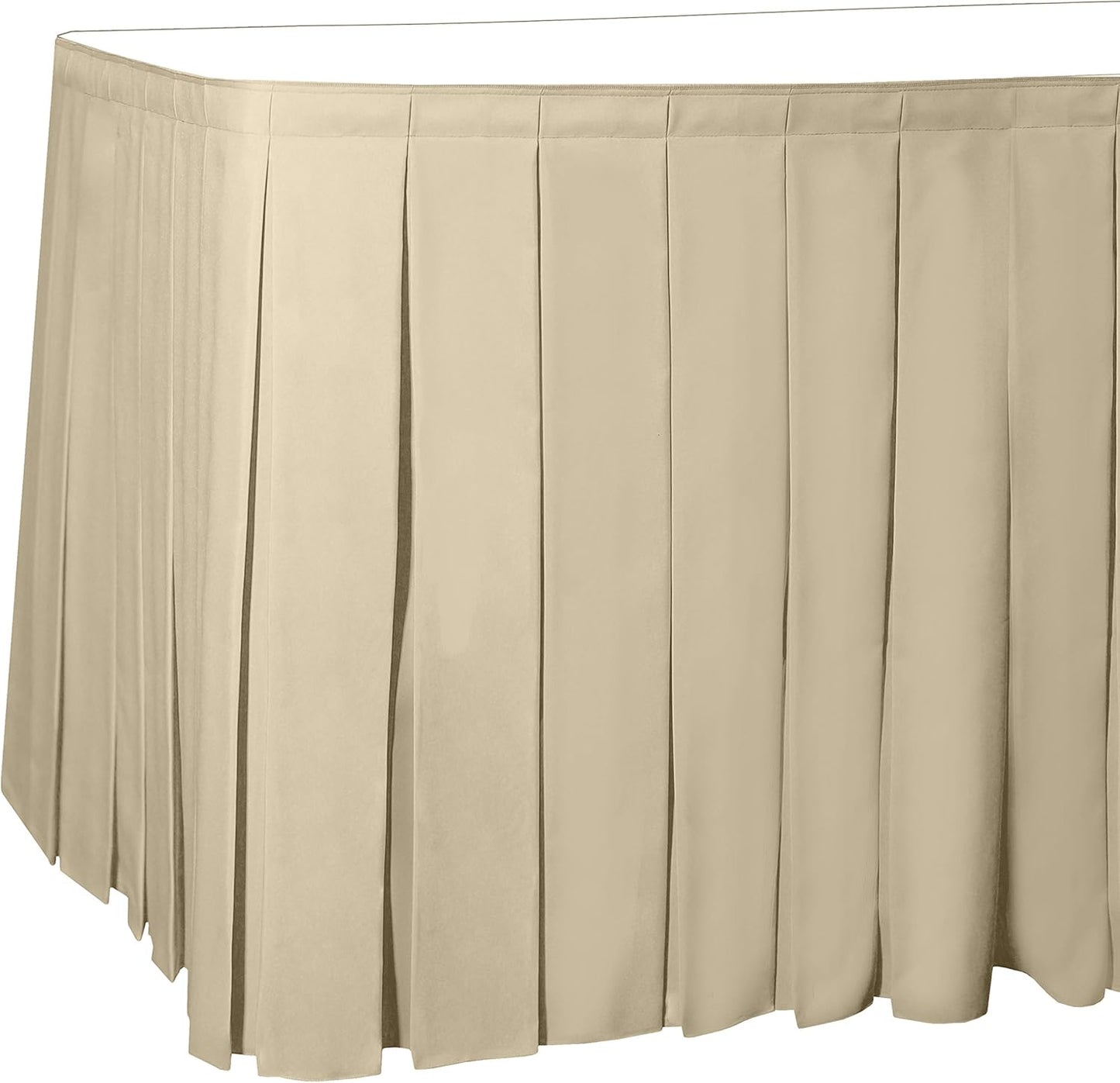 Ultimate Textile Pleat Polyester Fabric Table Skirt - Machine Washable, Flame Resistant, Cut & Sewn in NJ, Desk Skirt - Tan, 17' Box Pleat x 42" h