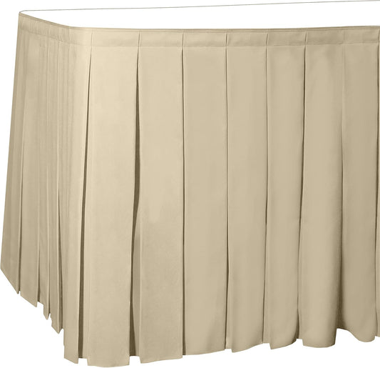 Ultimate Textile Pleat Polyester Fabric Table Skirt - Machine Washable, Flame Resistant, Cut & Sewn in NJ, Desk Skirt - Tan, 17' Box Pleat x 42" h